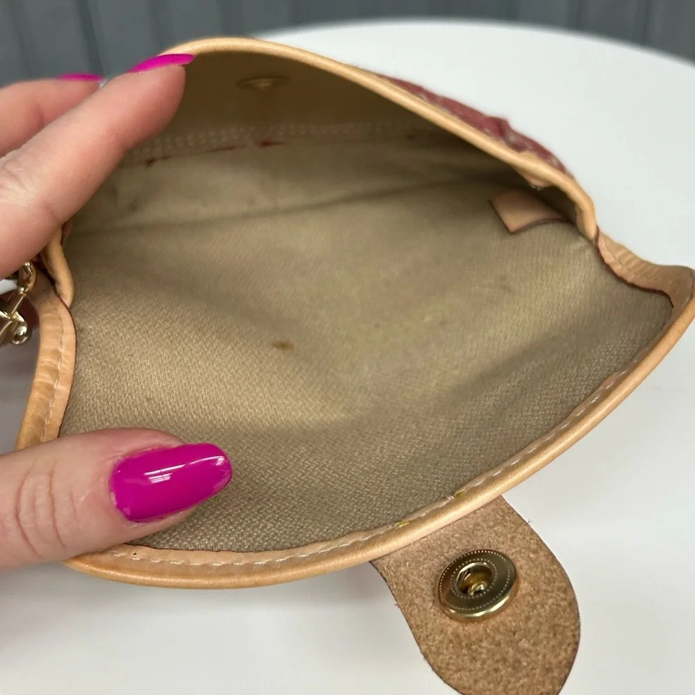 Dooney & Bourke DB Monogram Wristlet Pouch Burgundy Canvas Leather Trim - Picture 9 of 11